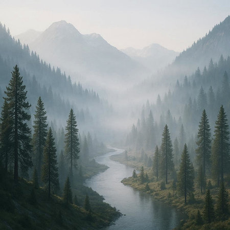 Foggy morning in the mountains. The river flows through the forest.