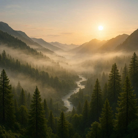Sunrise in the mountains. Beautiful landscape with a mountain river and coniferous forest.