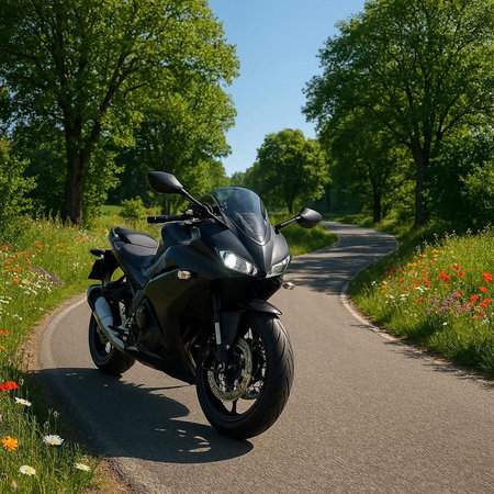 Motorcycle on a country road in the summer sunny day with flowers