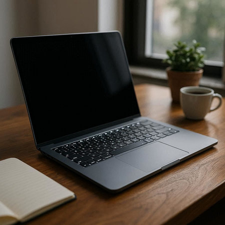 Laptop with blank screen and coffee cup on wooden table in office