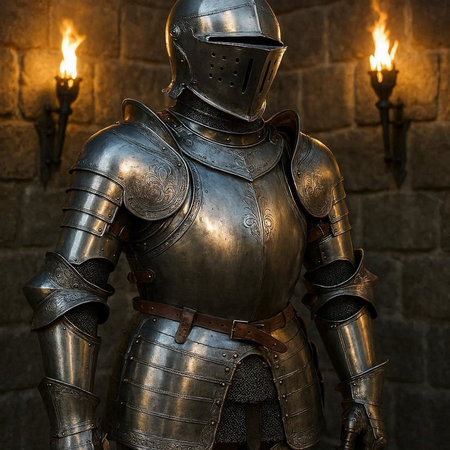 Armour of the medieval knight. Metal protection of the soldier against the weapon of the opponent