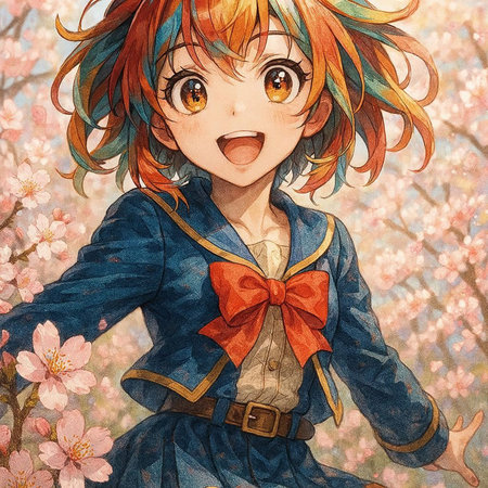 Cute cartoon girl with colorful hair and a red bow on her head.