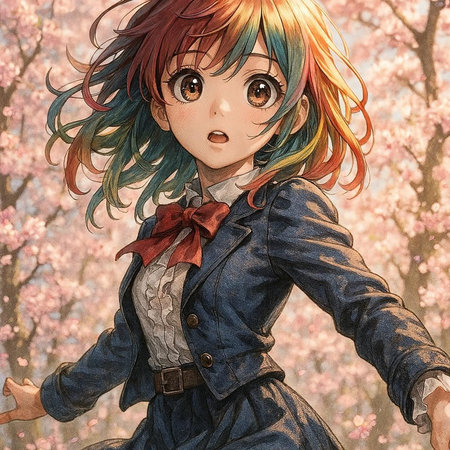 Girl with colorful hair in a blossom forest. Digital painting.