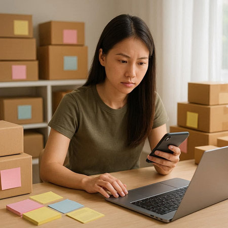 Young asian woman using smart phone and laptop for online shopping at home.