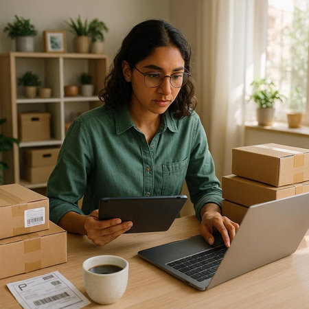 Young businesswoman working at home office, using tablet computer, checking online orders.