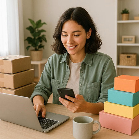 Smiling young woman working at home, using mobile phone and laptop