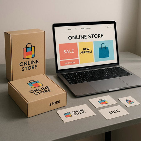 Illustration of online shopping on a laptop, product packaging and delivery