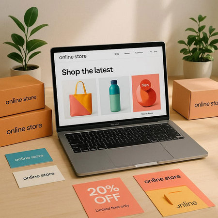 Laptop with online shopping concept on screen. All screen graphics are made up.