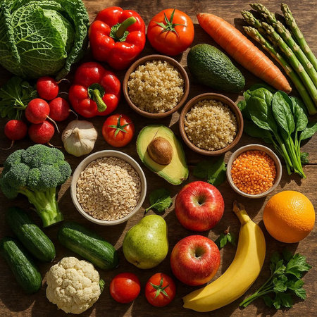 Healthy food background. Fresh vegetables, fruits and superfoods. Top view.の写真素材