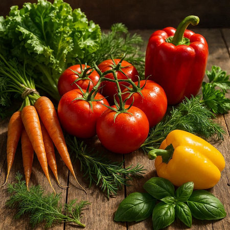 Fresh vegetables on rustic wooden background, selective focus, copy space