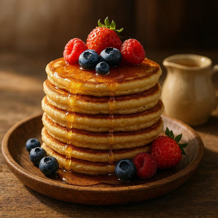 Pancakes with fresh berries and maple syrup on a wooden backgroundの写真素材