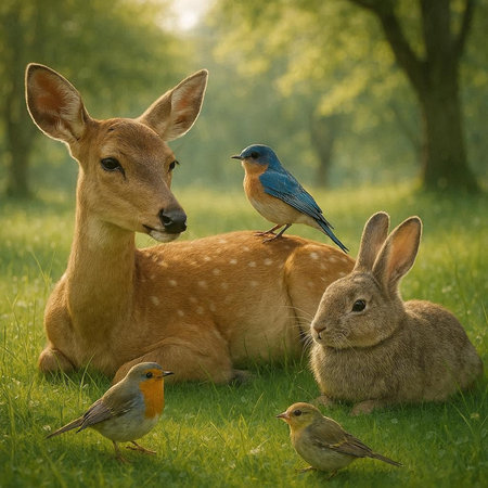 Fawns with a pair of reindeer and a robin