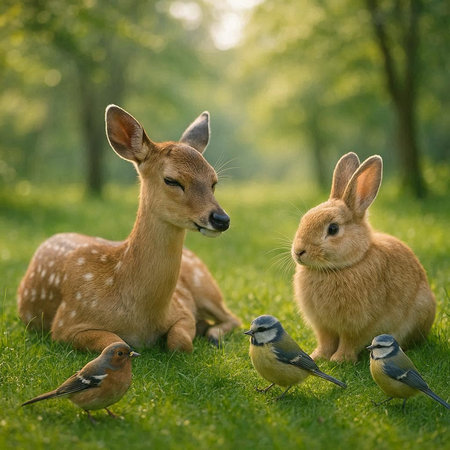 Fawns with small birds in the park. Springtime.の写真素材