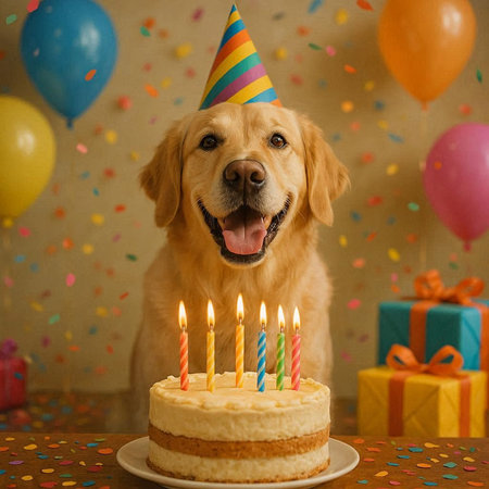 Cute Golden Retriever puppy celebrating birthday with cake and candles