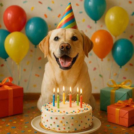 Labrador Retriever with birthday cake and gift boxes on the background