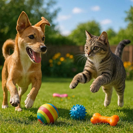 Cute cat and dog playing with toy balls in the garden.
