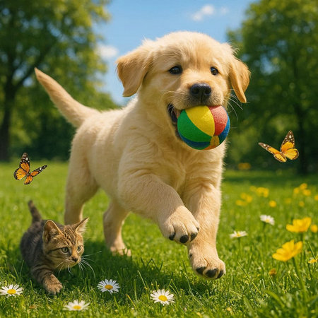 Labrador Retriever puppy playing with cat and ball on grassの写真素材