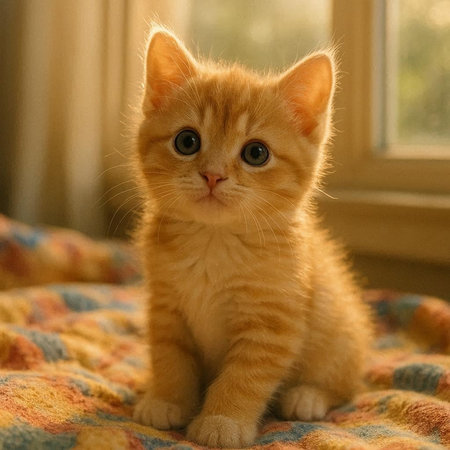 Cute ginger kitten sitting on the bed and looking at the cameraの写真素材