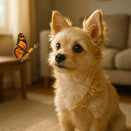 Cute little chihuahua with a butterfly in his mouth
