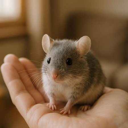 Gray hamster in the hands of a child close-up.
