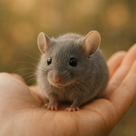 Cute little gray rat in the hands of a child close-upの写真素材