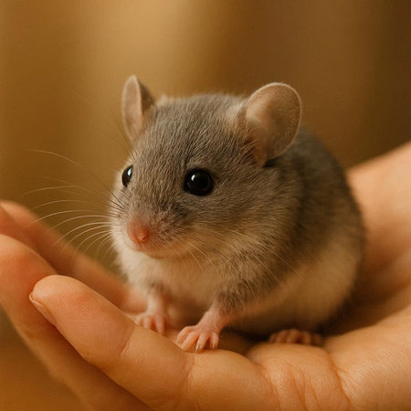 Cute little gray rat in the hands of a girl close-up