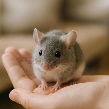 Cute gray rat in the hands of a child on a light background