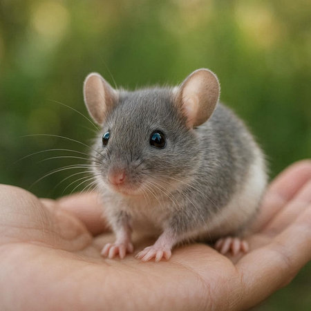 Small gray rat in the palm of his hand on a green background