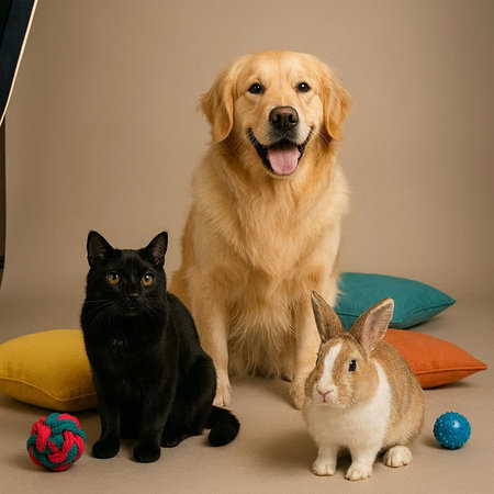 Golden Retriever, black cat and rabbit on a brown background