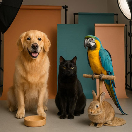 Cat, dog, macaw and dog in a photo studio.