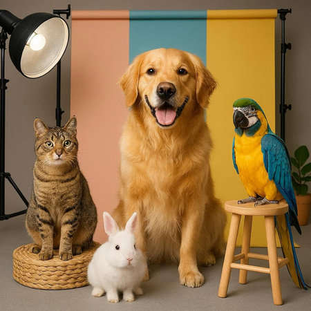 Golden Retriever, cat and dog in studio with colorful backgroundの写真素材