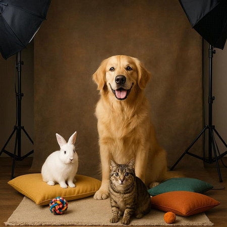 Golden Retriever, cat and rabbit in studio on brown backgroundの写真素材