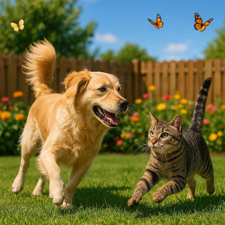 Cat and dog playing together in the garden. Golden Retrieverの写真素材