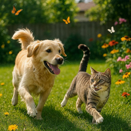 Cat and dog playing in the garden. Golden Retriever and cat together.