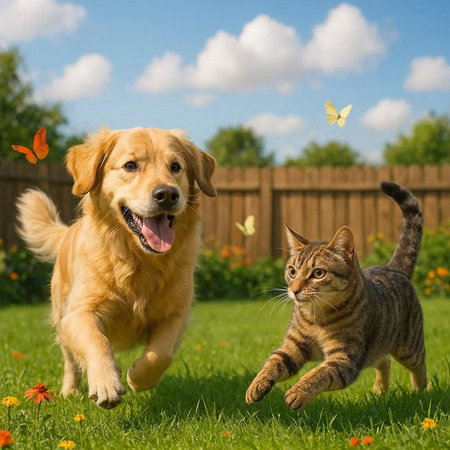 Cat and dog playing together in the garden. Golden Retriever and tabby cat.