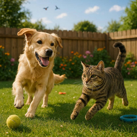 Cat and Golden Retriever playing with a ball in the garden