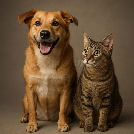 Mixed breed cat and dog sitting together on gray background. Studio shot.
