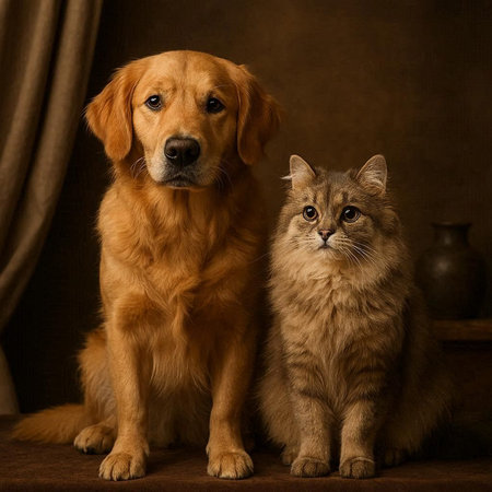 Golden Retriever dog and cat sitting together. Studio shot.