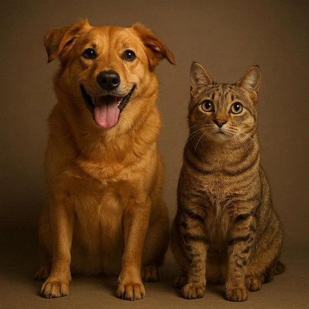 Cat and dog together on a brown background. Studio photo of a cat and dog.