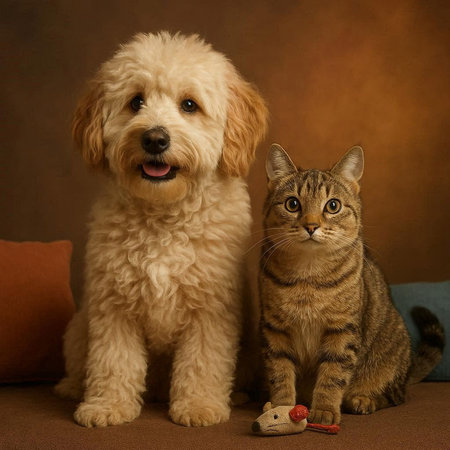 Tabby cat and dog together on a brown background. Studio shot.