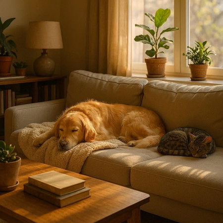 Cute Golden Retriever, cat and book on sofa at home
