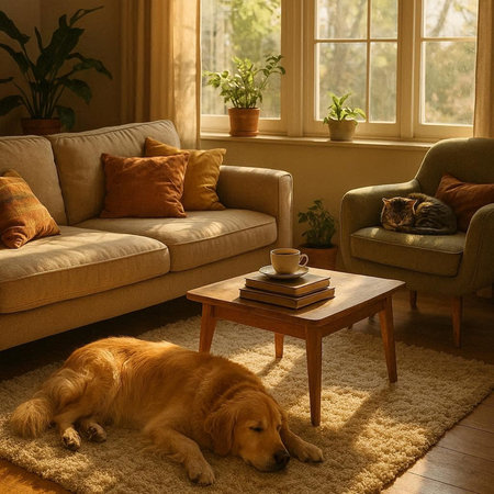 Golden Retriever dog resting on a carpet in the living room