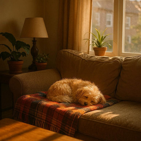 Cute dog on the couch in the morning light. Cozy home