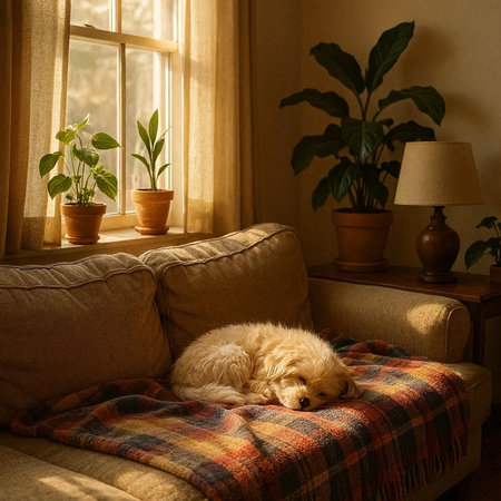 Cute Golden Retriever puppy sleeping on a sofa in the living room