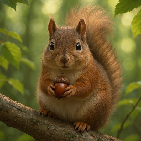 Squirrel with acorn in the forest. Close-up.