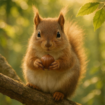 Squirrel in the autumn forest with a nut in his hand.の写真素材