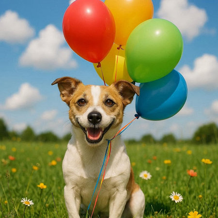 Jack russell terrier dog with colorful balloons on the meadow