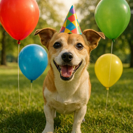 Funny dog in birthday hat with colorful balloons on green grass.