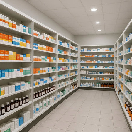 Interior of a drugstore with shelves and shelves full of medicinesの写真素材