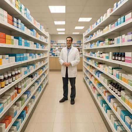 Full length portrait of a male pharmacist standing in pharmacy drugstore